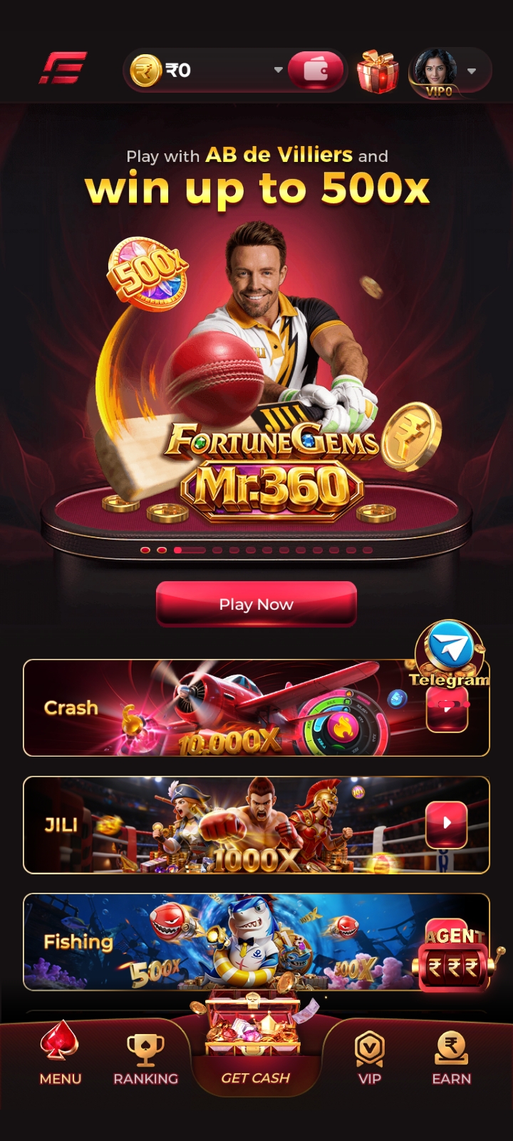 IE777 mobile app home screen with featured games and navigation